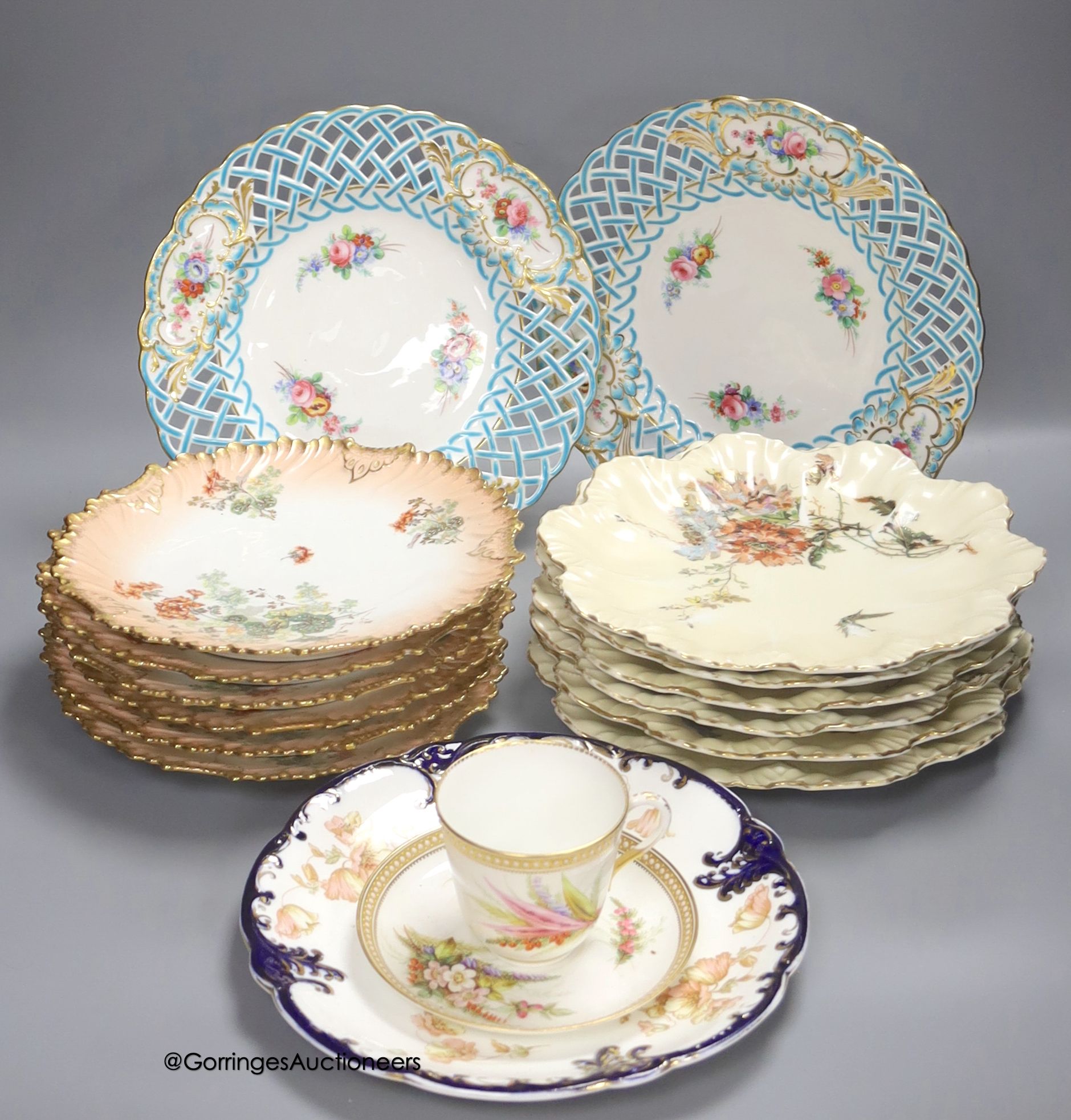 Two sets of six Limoges dessert plates, three English porcelain ribbon plates, an Alfred Pearce Aynsley dessert plate and a Worcester cup and saucer